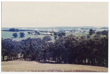 View over line of large trees, across fields and homestead buildings to hills in far distance.