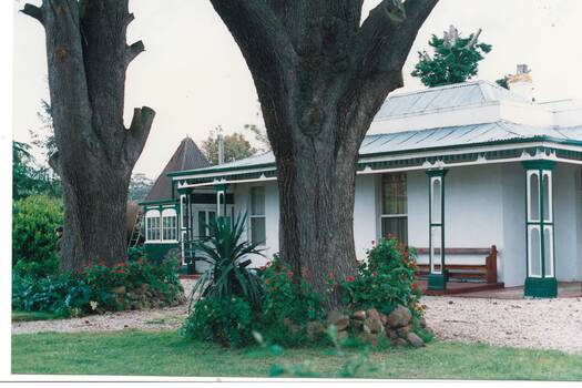 Single story Victorian house, verandah with decorative pillars and edging, gazebo, and bases of two large cedars.