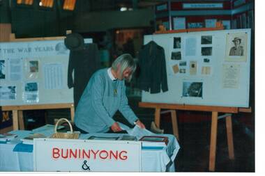 Colour photo of a display of the war years at the 1995 Central Highlands Historical Association Fair. Virginia Dyson on duty.