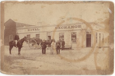 Single story weatherboard hotel on corner, "Royal Exchange" signage, hall attached left, mounted policeman,, two elderly gentlemen with young child, buggy.
