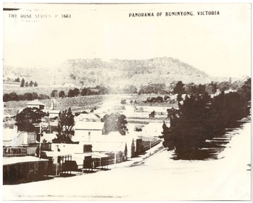Street scene, shops along street, trees lining street up hill on right, mountain in background.