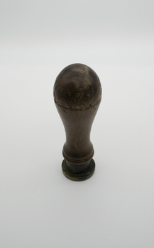 Metal seal of Royal Orange Lodge with wooden handle