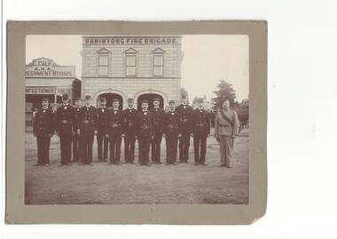Members of Old Buninyong Fire Brigade outside Headquarters c1899 original Merryweather fire engine can be seen at right.