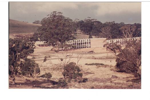 Colour photograph of Mount Helen Campus of Ballarat Institute of Advanced Education under construction 1970 looking South West towards Green Hill