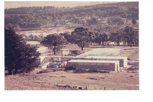 View of buildings nearing completion, landscape work ongoing, some trees surrounding buildings with forest beyond.