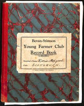 hardcover exercise book, containing child's observation on farm life 1937, drawings, maps, cuttings etc.