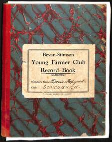 hardcover exercise book, containing child's observation on farm life 1937, drawings, maps, cuttings etc.