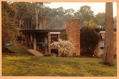 1980's single level brick home across sloping lawn, tall bushland beyond.
