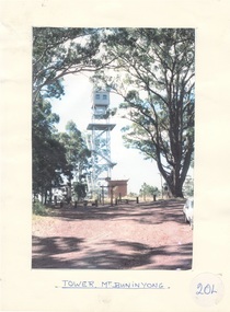 Square metal observation tower, viewed up road , framed by trees.