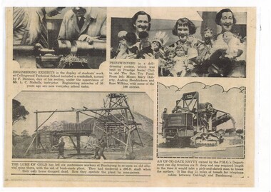 Copy of half newspaper page, photo of wooden poppet head with workers.
