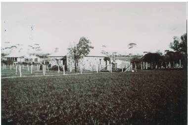 two low buildings across field, post and wire fences, post and rail gates.