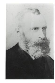 B&W portrait middle-aged man, receding hairline, full beard, Victorian era.