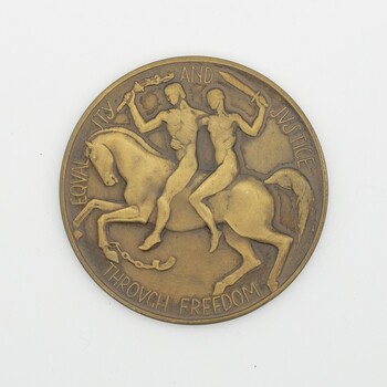 Bronze medallion (front), given to Shire of Buninyong in 1951 to celebrate the Centenary of Victoria by State Government