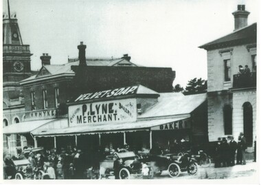 Enlarged reproduction o shops and Town Hall in Buninyong in 1926. 