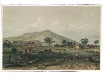 Colour reproduction of lithograph "Township of Buninyong" c 1852 showing scattered residential farm buildings, animals, evidence of felled trees, some cultivation with Mount Buninyong in the background.