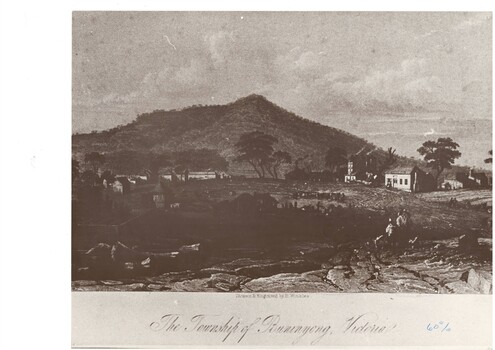Black and white enlargement of "Township of Buninyong" c 1852, Mount Buninyong is visible in the background and the foreground shows a darkened image of some buildings animals.