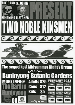 Advertising brochure for Two Noble Kinsmen, a play produced by Bard in Buninyong and John Fletcher