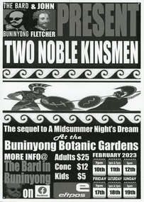 Advertising brochure for Two Noble Kinsmen, a play produced by Bard in Buninyong and John Fletcher