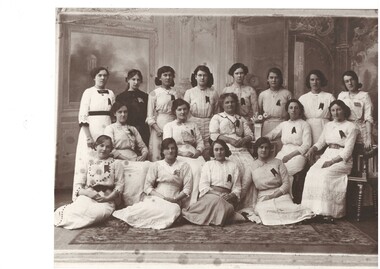 Group photo, three rows of young women in white blouses, 4 sitting on floor, 5 on chairs, 8 standing behind.