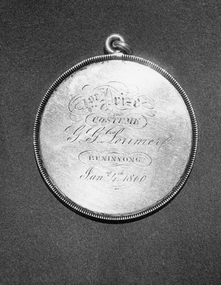 Photograph - Black and white photo of Highland Gathering medal reverse side, Highland Gathering Medal 1860