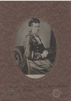 Studio photo seated lady in dark victorian dress, 3/4 profile