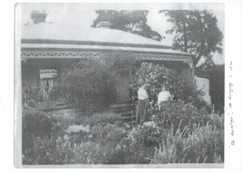View of the garden and part of "The Hermitage" on Mt Buninyong with two members of the Poynton family visible to the right of the garden