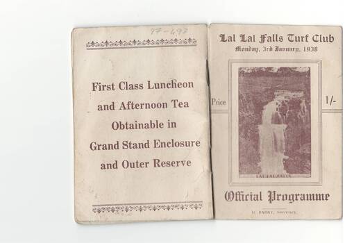 Small booklet, race club programme, photo of Falls on front 