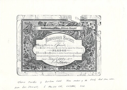 Photocopy of Temperance Society pledge, printed card, damaged edges, floral background surrounding two banner containing text.