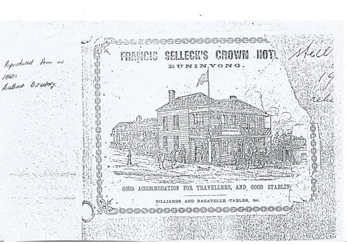 This is an advertisement for Francis Selleck's Crown Hotel showing a sketch of the hotel circa 1860. 