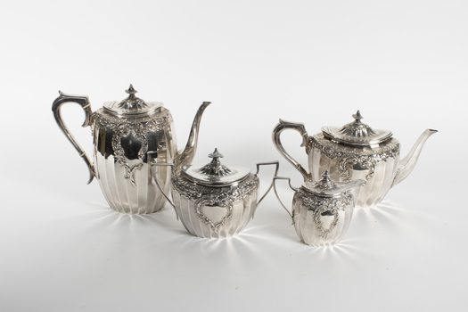 Silver hot water pot, teapot, sugar bowl and milk jug