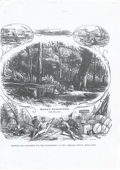 Woodcut engraving, large oval-shaped centre image of bush scene with indigenous people , bottom image shows European settlers, smaller images above show mining, horse-racing and ingenous group.