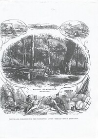 Woodcut engraving, large oval-shaped centre image of bush scene with indigenous people , bottom image shows European settlers, smaller images above show mining, horse-racing and ingenous group.
