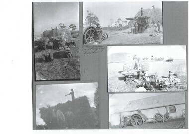 A series of 5 black and white images showing machinery and farm workers threshing and carting the harvest in the early 1930s on the Skelton property at Scotsburn.