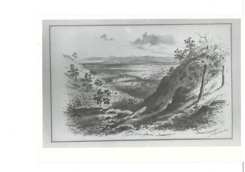 Black and white photograph of a landscape looking North from Mount Buninyong showing a lightly treed gully and the open land beyond.