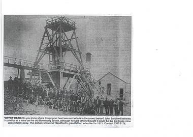 Poppet head with crowd of miners with a caption requesting identification. Picture was printed in The Ballarat Courier.