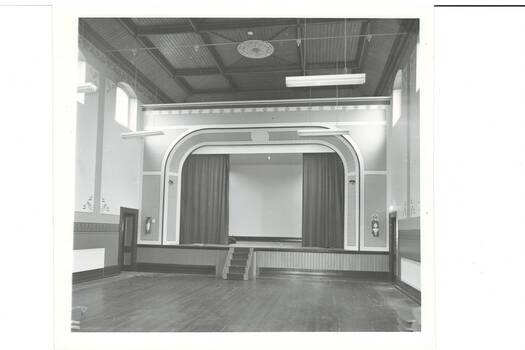 Black and white photograph of the renovated interior of Buninyong Town Hall in 1986