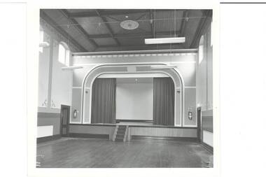Black and white photograph of the renovated interior of Buninyong Town Hall in 1986