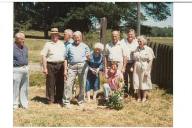 Colour photograph of members of the McKenzie family taking part in tree planting to mark Bicentenary Celebrations at Lal Lal Falls Park 1988 