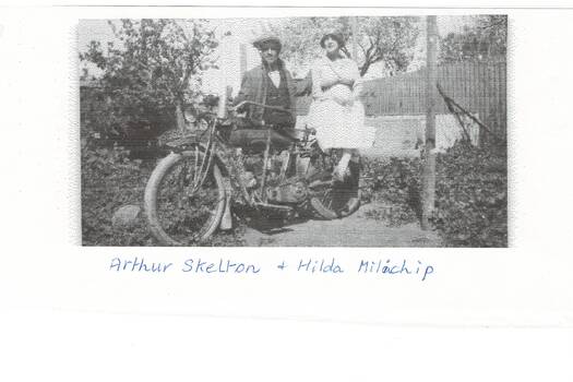 Couple on a motor bike at Scotsburn, 1920's.