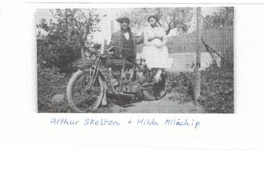 Couple on a motor bike at Scotsburn, 1920's.