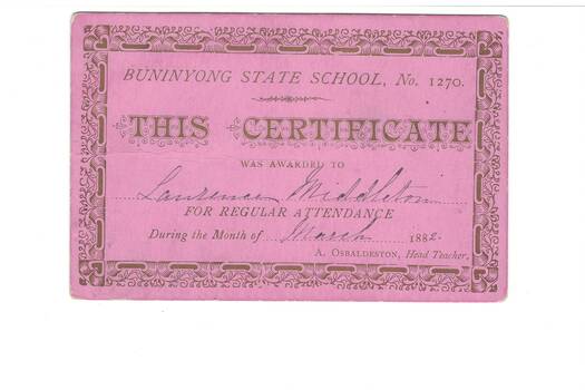 Award card presented to Walter Middelton for regular attendance