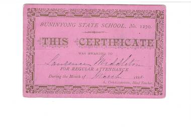 Award card presented to Walter Middelton for regular attendance