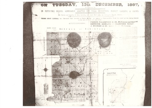 A black and white photograph of blocks of land for auction from Learmonth's estate in 1887 showing a plan of the blocks for sale, details of the auctioneers and a locality map are visible