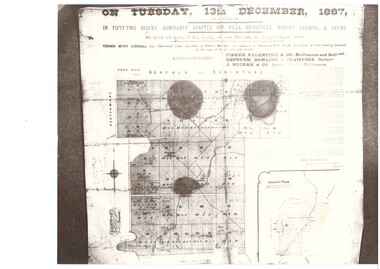 A black and white photograph of blocks of land for auction from Learmonth's estate in 1887 showing a plan of the blocks for sale, details of the auctioneers and a locality map are visible