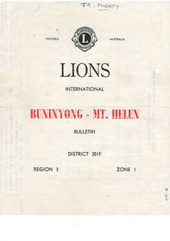 Title page of Buninyong-Mt.Helen Lion Club Bulletin, used as paper for proposed design of Buninyong Baths development
