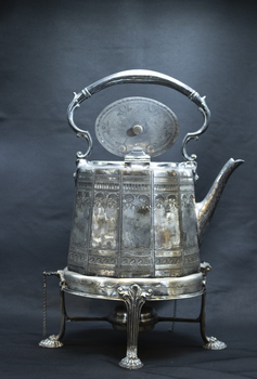 Silver hot water kettle, right side, lid open
