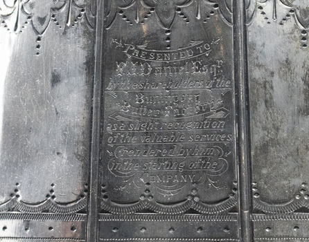 Silver hot water kettle, close up of inscription, gift to secretary of Buninyong Butter Factory