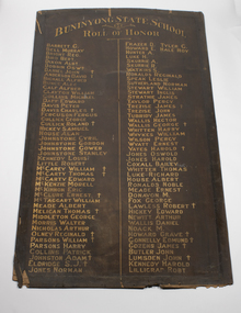 Wooden honour board with names of World War I soldiers