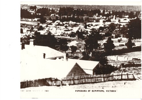 Photograph of a postcard made by The Rose Company between 1910 and 1920 as a panorama of Buninyong, taken from the north. 
