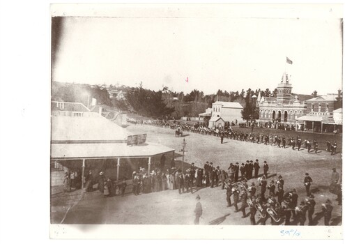 Procession of brass bands at the junction of Learmonth and Warrenhiep Streets.